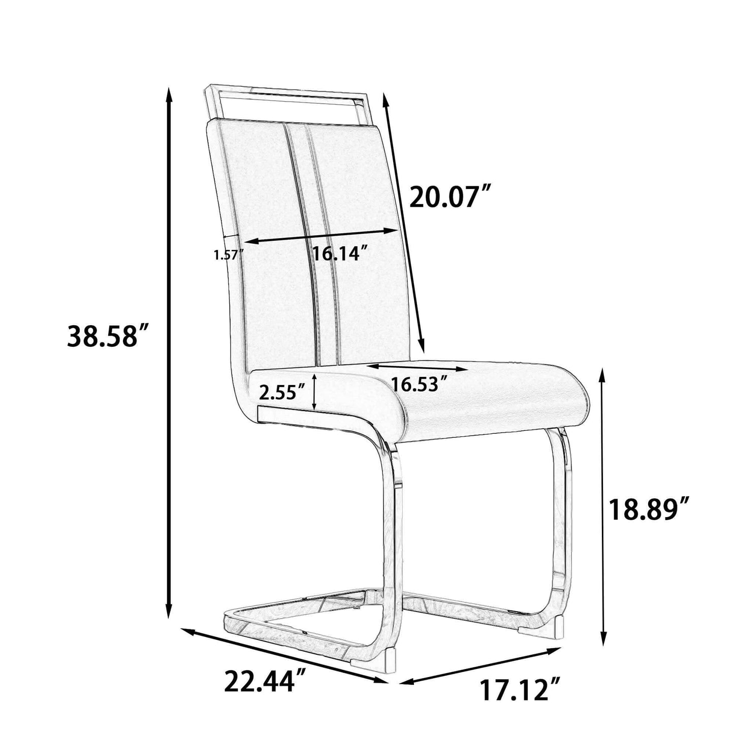 Dimensions and measurements of a C-shaped tube soft padded armless dining chair with metal legs for dining room set.