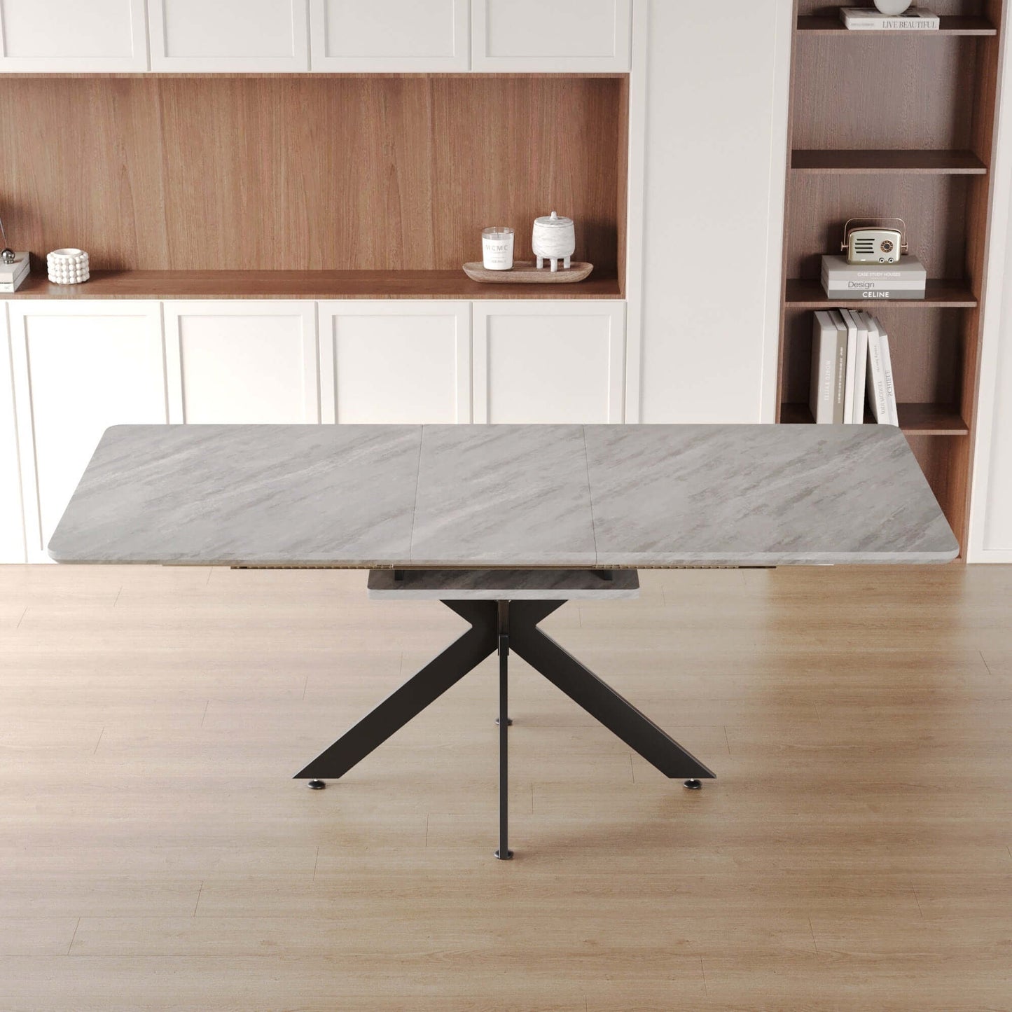 Scalable grey dining table for 6-8 persons with metal legs, ideal for dining room or kitchen, in a modern setting.