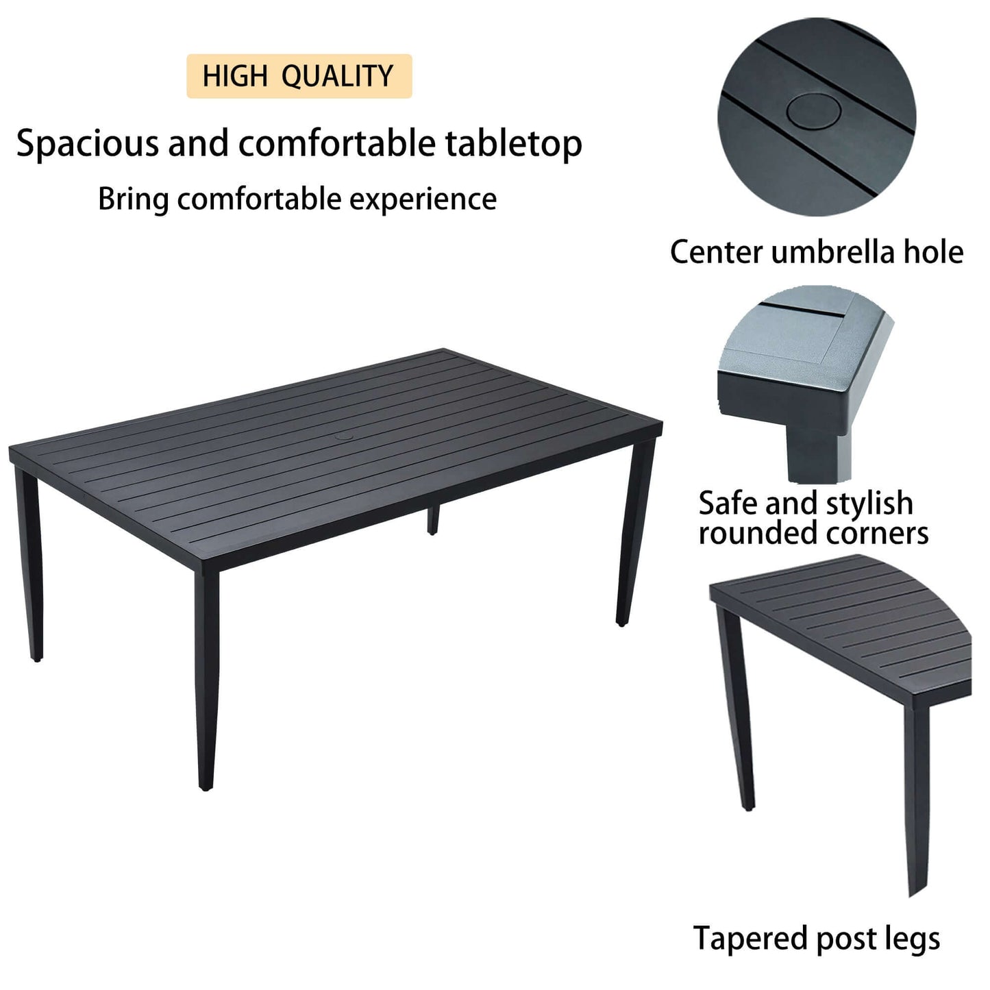 Ember Black rectangle dining table with center umbrella hole, tapered post legs, and safe rounded corners for outdoor patios.