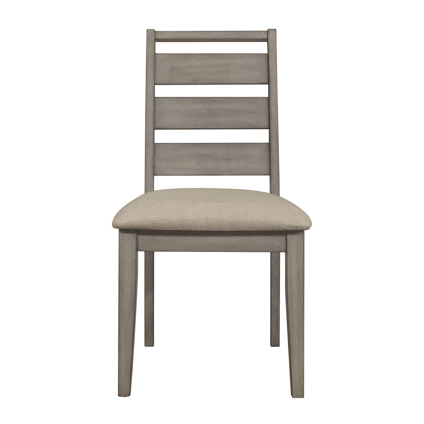 Weathered gray rustic dining side chair with upholstered seat, ideal for transitional home decor.