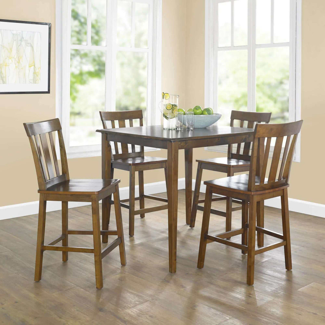 Stylish wooden commercial dining set with four chairs and a square table in a bright room.
