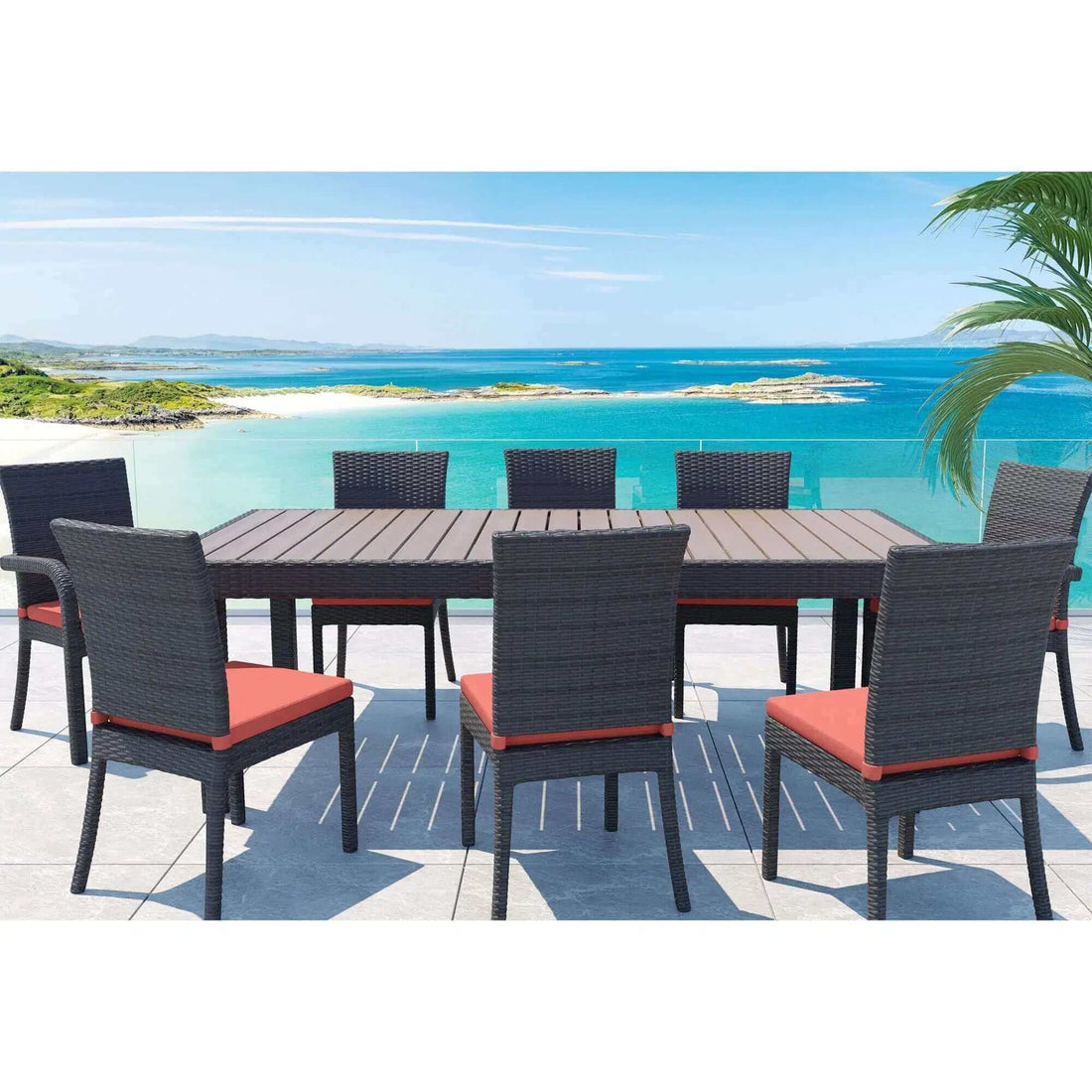 Luxurious outdoor dining set with a view of the ocean, featuring a large table and eight stylish chairs.