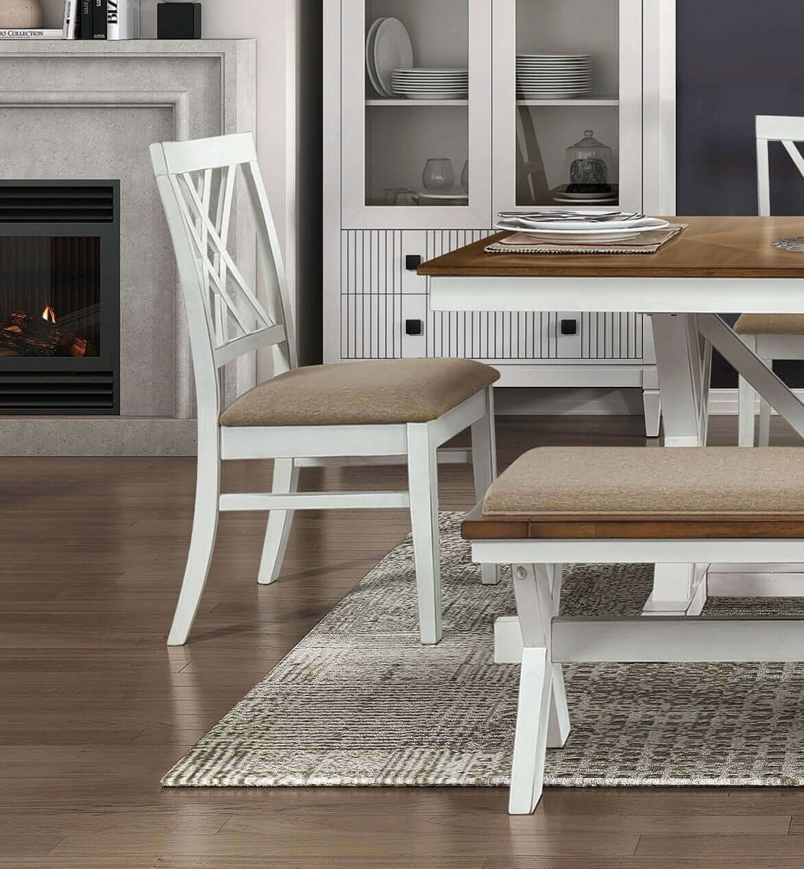 Modern Style White and Oak Finish 6pc Dining Set with Extension Leaf, X-back Chairs, and Bench in a classic dining room setting