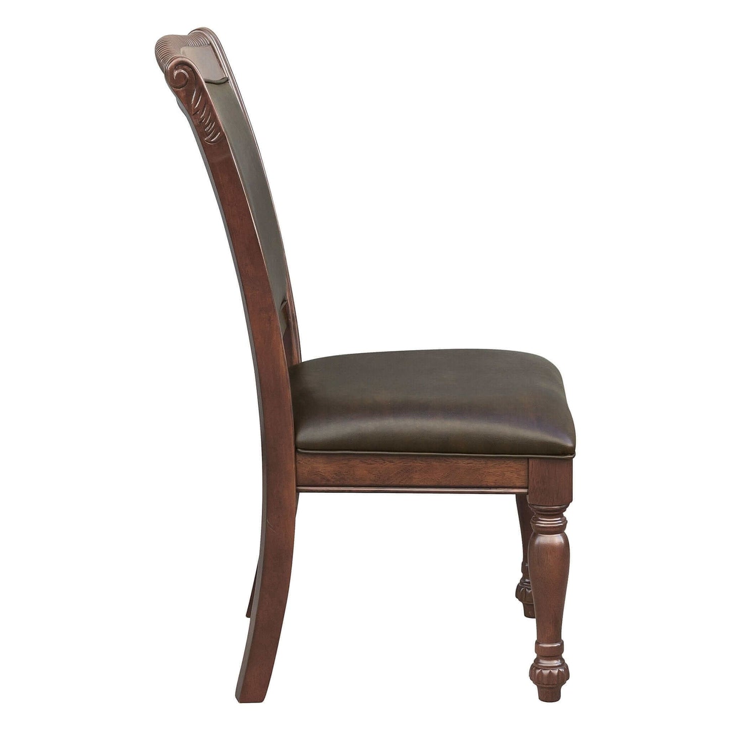 Side view of a brown cherry finish dining chair with cushioned seat from the 5pc Traditional Style Dining Table & 4 Chairs set