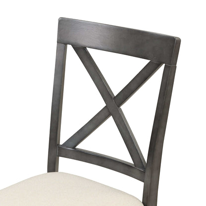 Close-up of gray wood chair back with X design from Orisfur's 5-piece dining set.