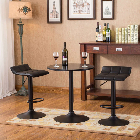 Belham Black Round Top Adjustable Height Bar Table and 2 Swivel Stools in stylish dining room setup