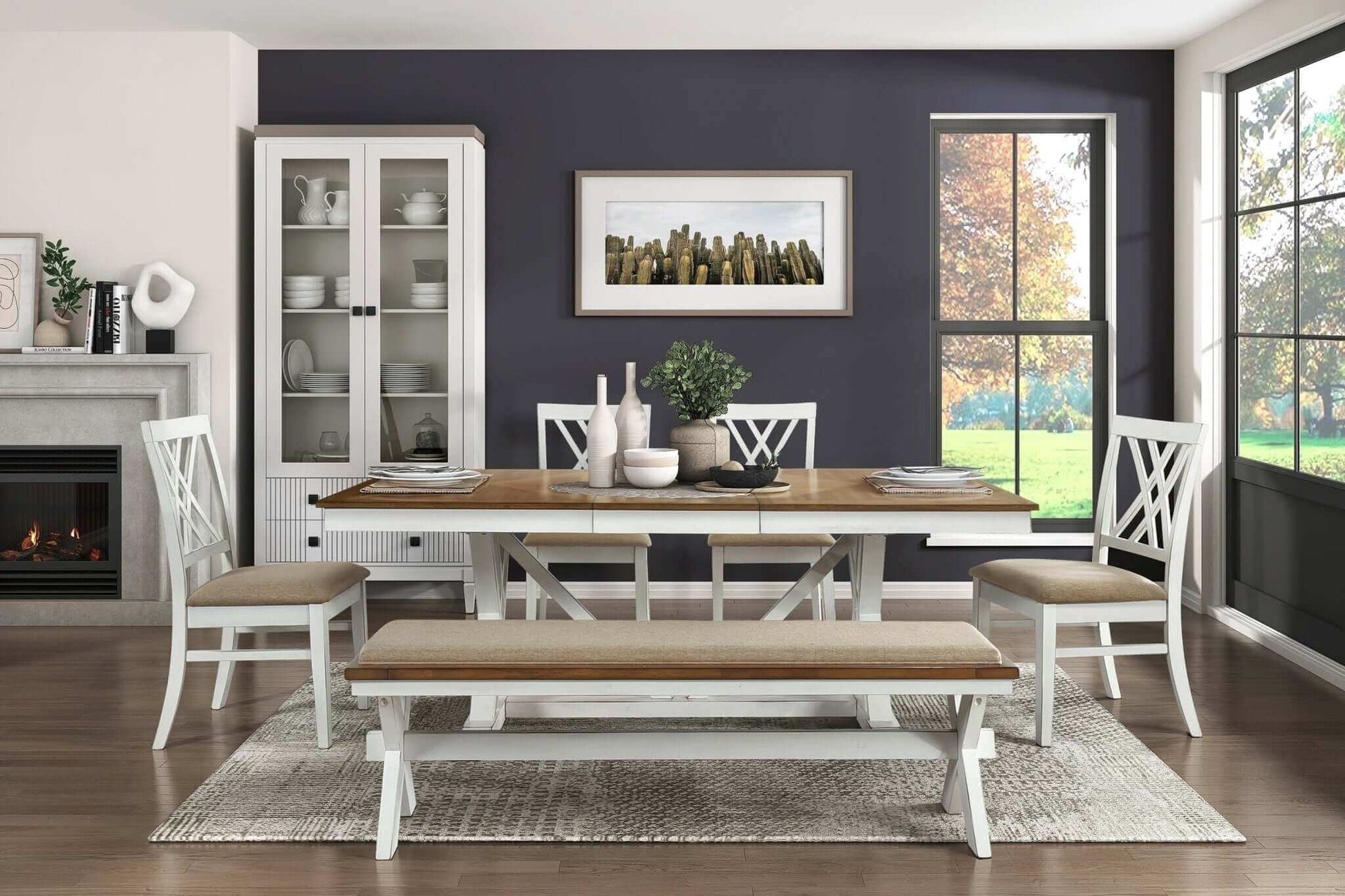 Modern white and oak finish 6-piece dining set with extension table, x-back chairs, and bench in a classic dining room setting.