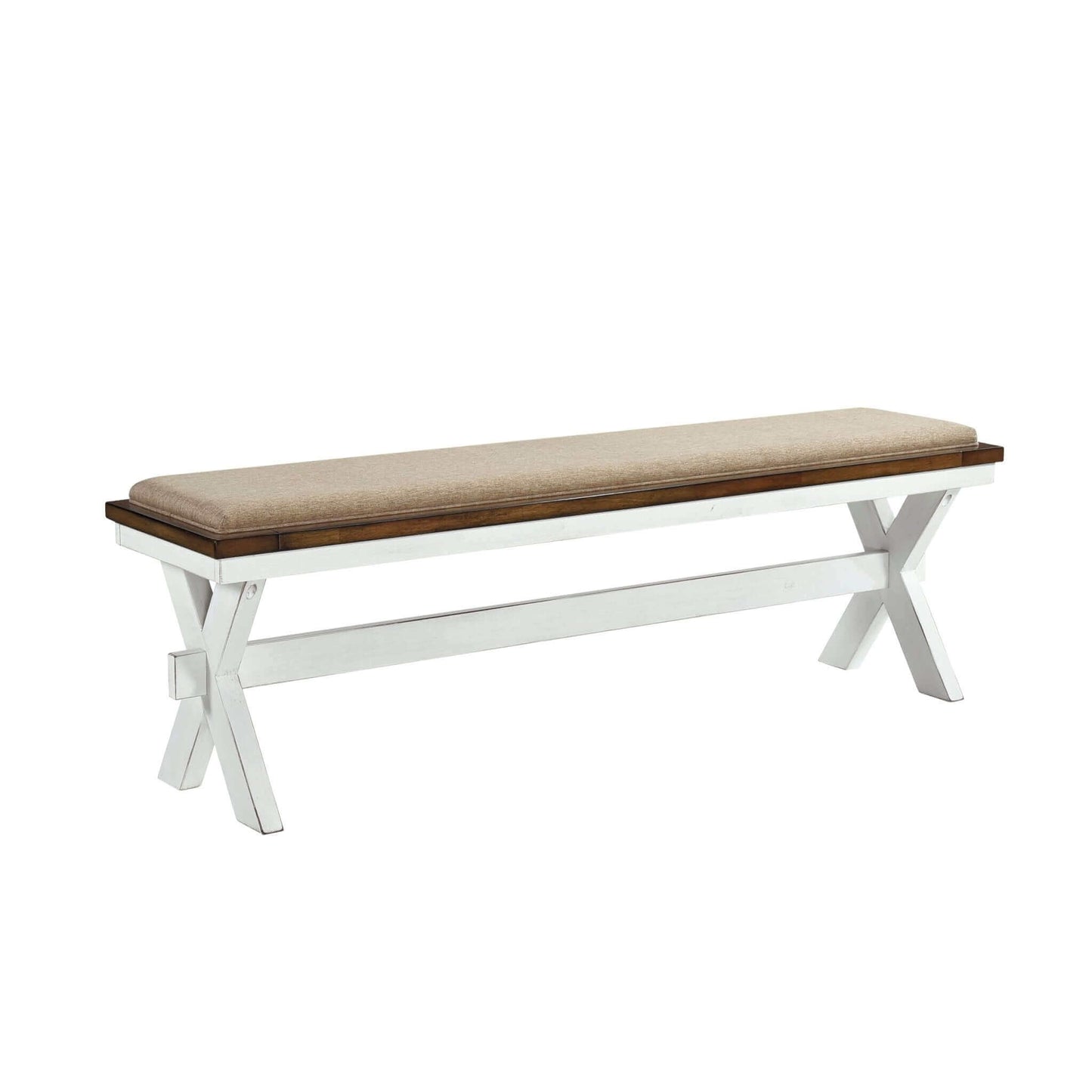 Modern style dining bench with white and oak finish and cushioned seat.