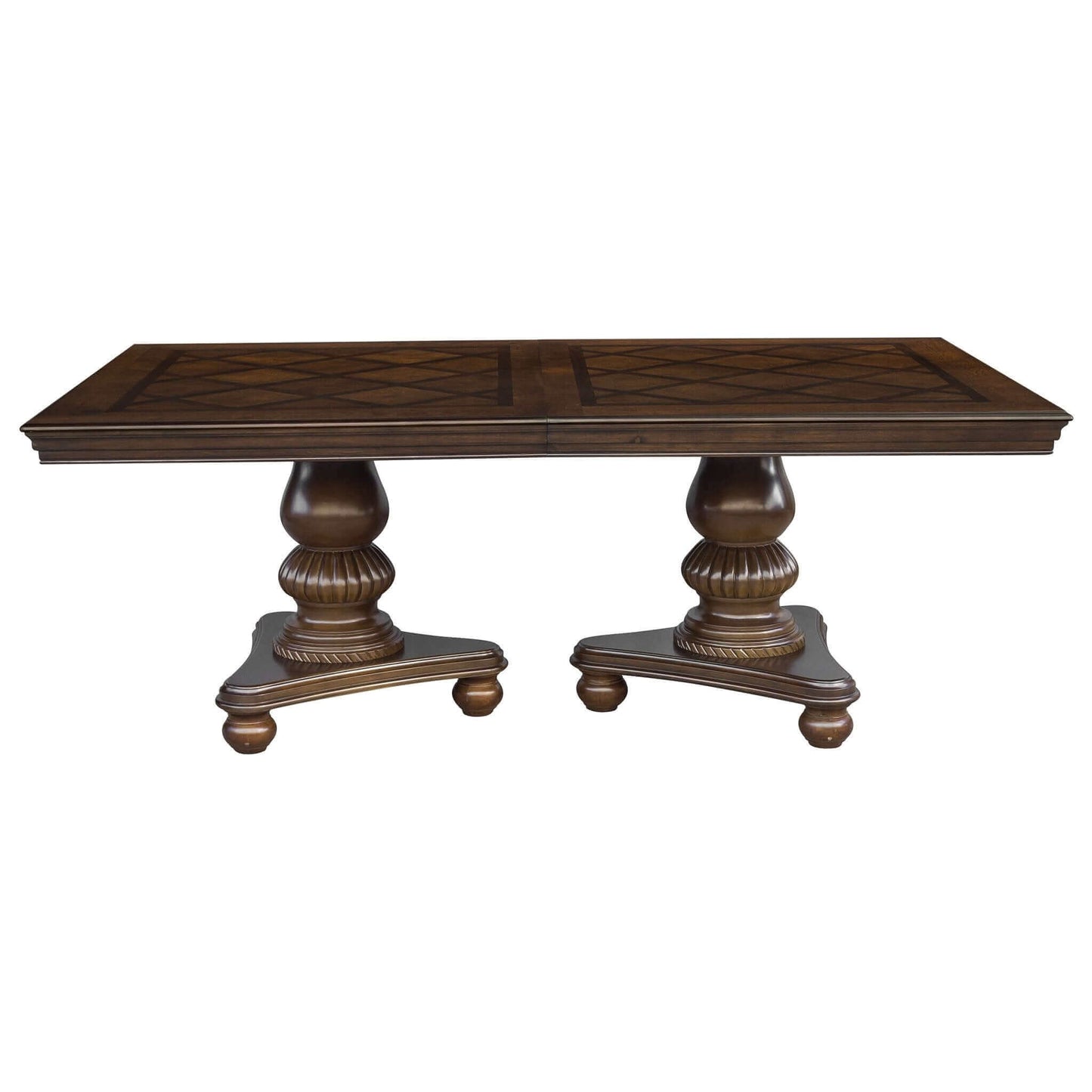 Traditional style dining table with elegant brown cherry finish and intricate pedestal legs.