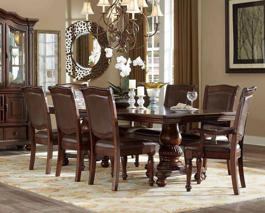 Elegant 9-piece brown cherry finish dining set with table, two armchairs, and six side chairs in traditional style setting