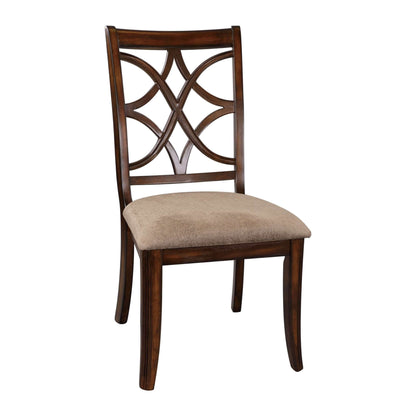 Cherry finish formal dining chair with upholstered seat and elegant wood backrest.