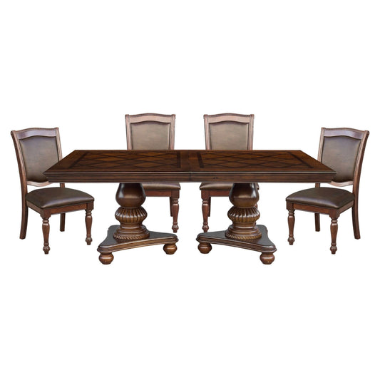 Traditional style 5-piece dining set with brown cherry finish, featuring a rectangular table and four cushioned chairs.
