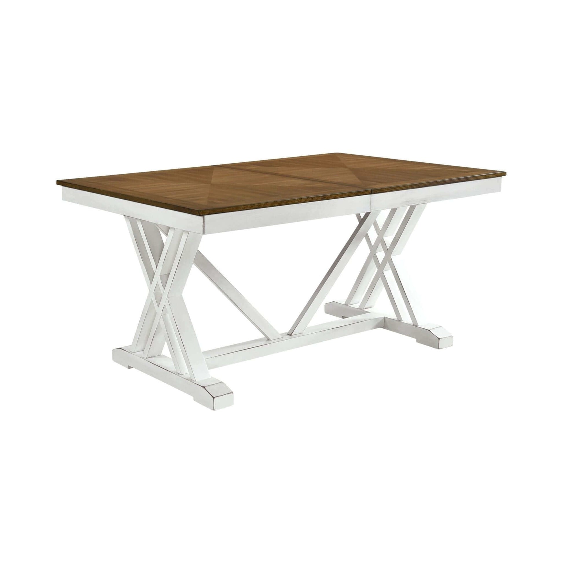 Modern style white and oak finish dining table with extension leaf and x-back design.