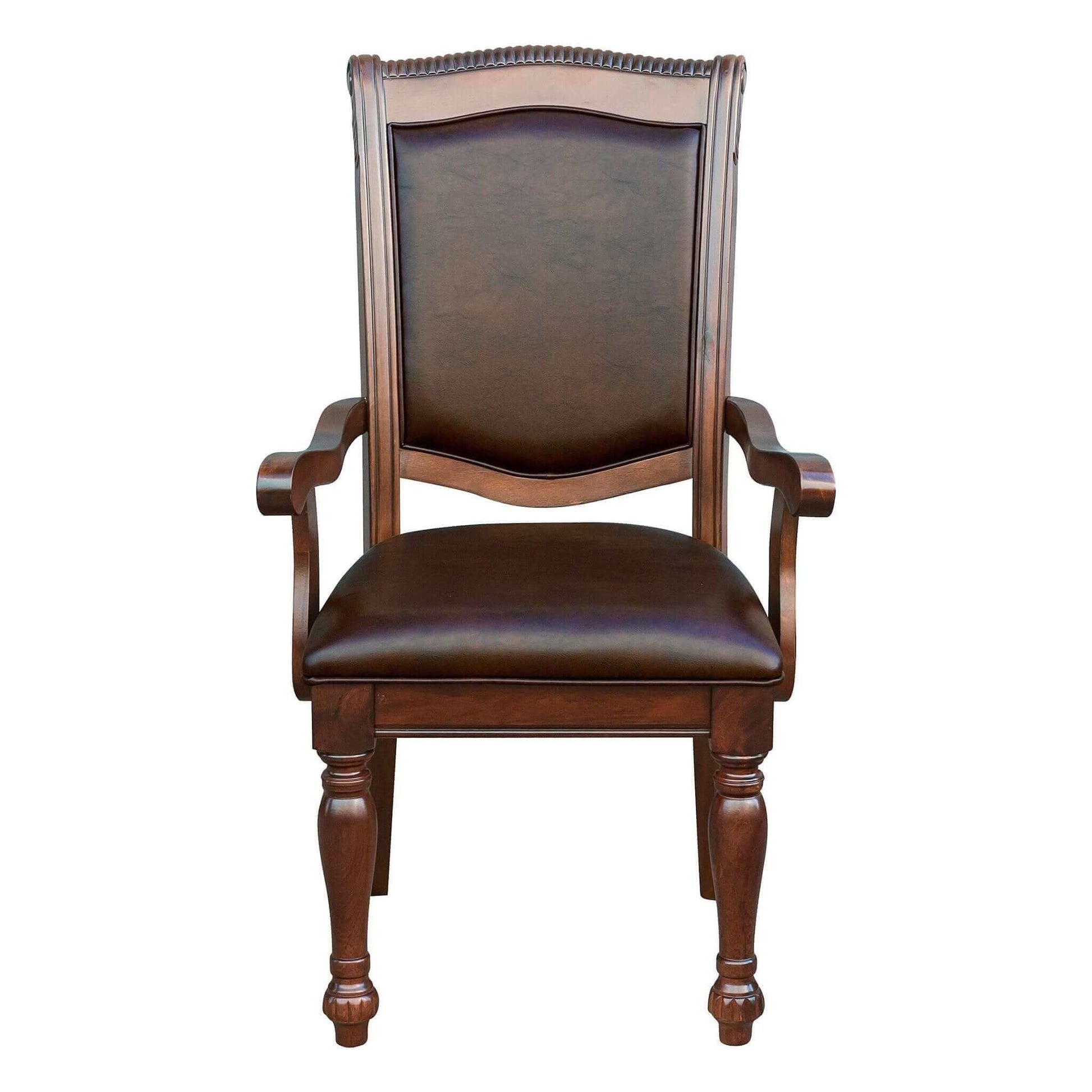 Traditional brown cherry finish armchair with upholstered seat and curved armrests.