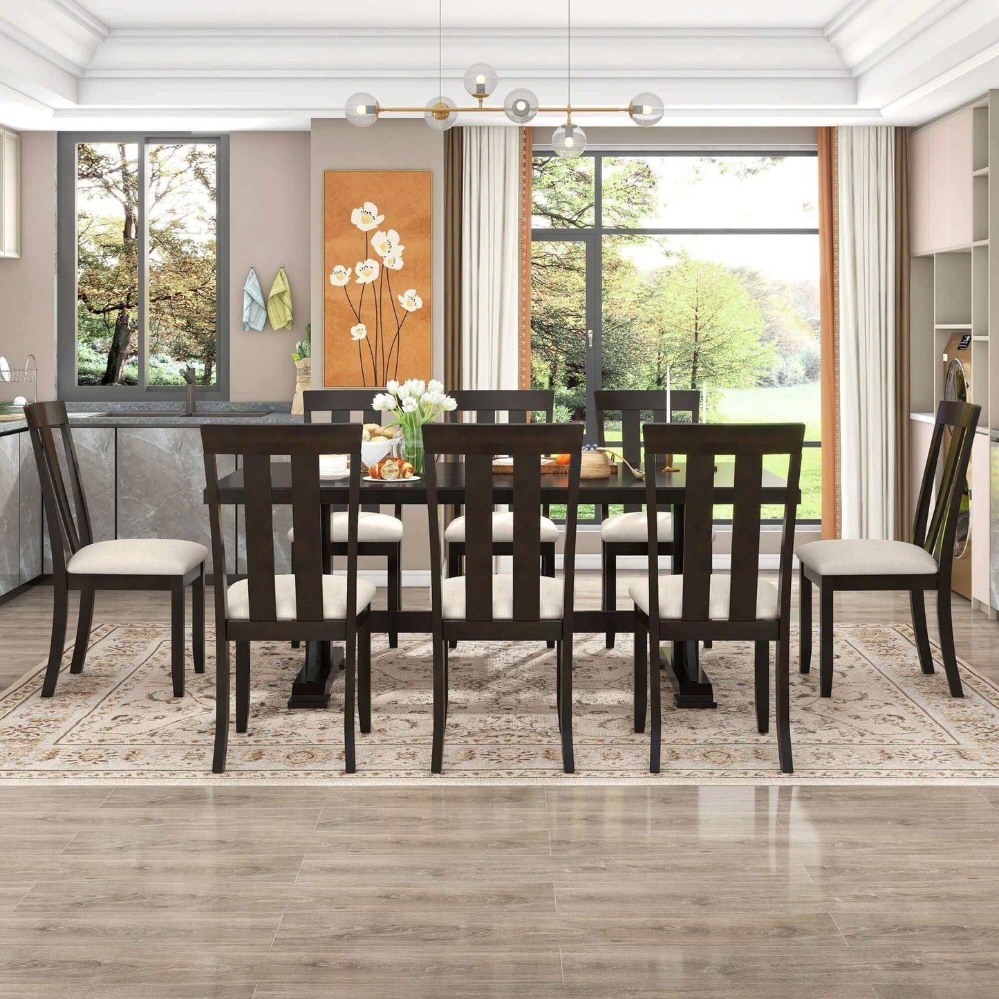 TREXM 9pc Retro Style Dining Set; 78" Wood Table & 8 Chairs (Espresso)