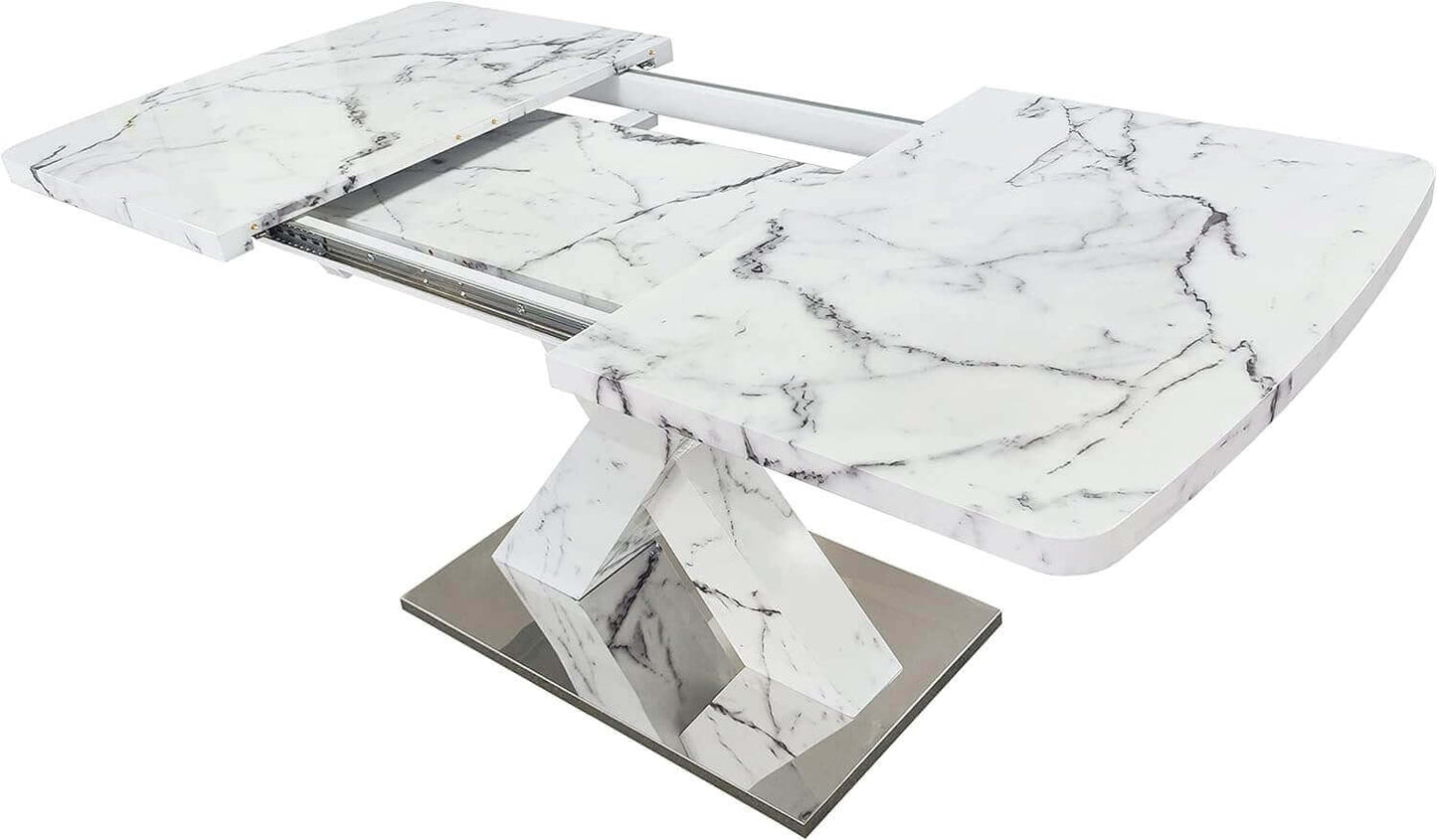 Stretchable modern dining table with white marble top and metal base.