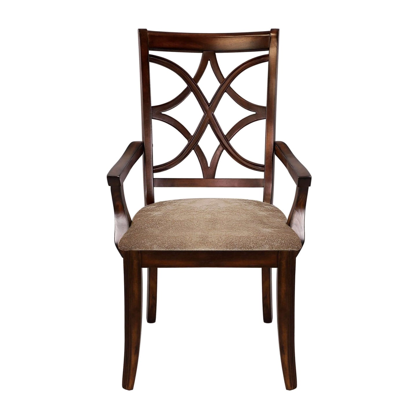 Cherry finish formal dining chair with a padded seat and elegant backrest design, part of a 7-piece dining set.