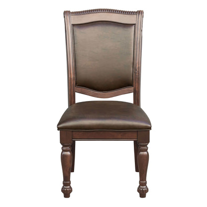 Traditional style wooden dining chair with elegant brown cherry finish and comfortable cushioned seat.