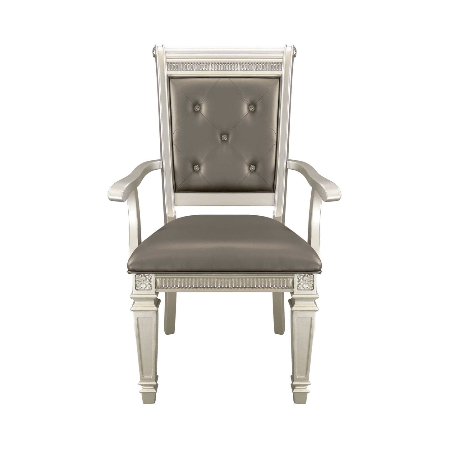 Silver finish dining armchair with crystal-tufted backrest and upholstered seat