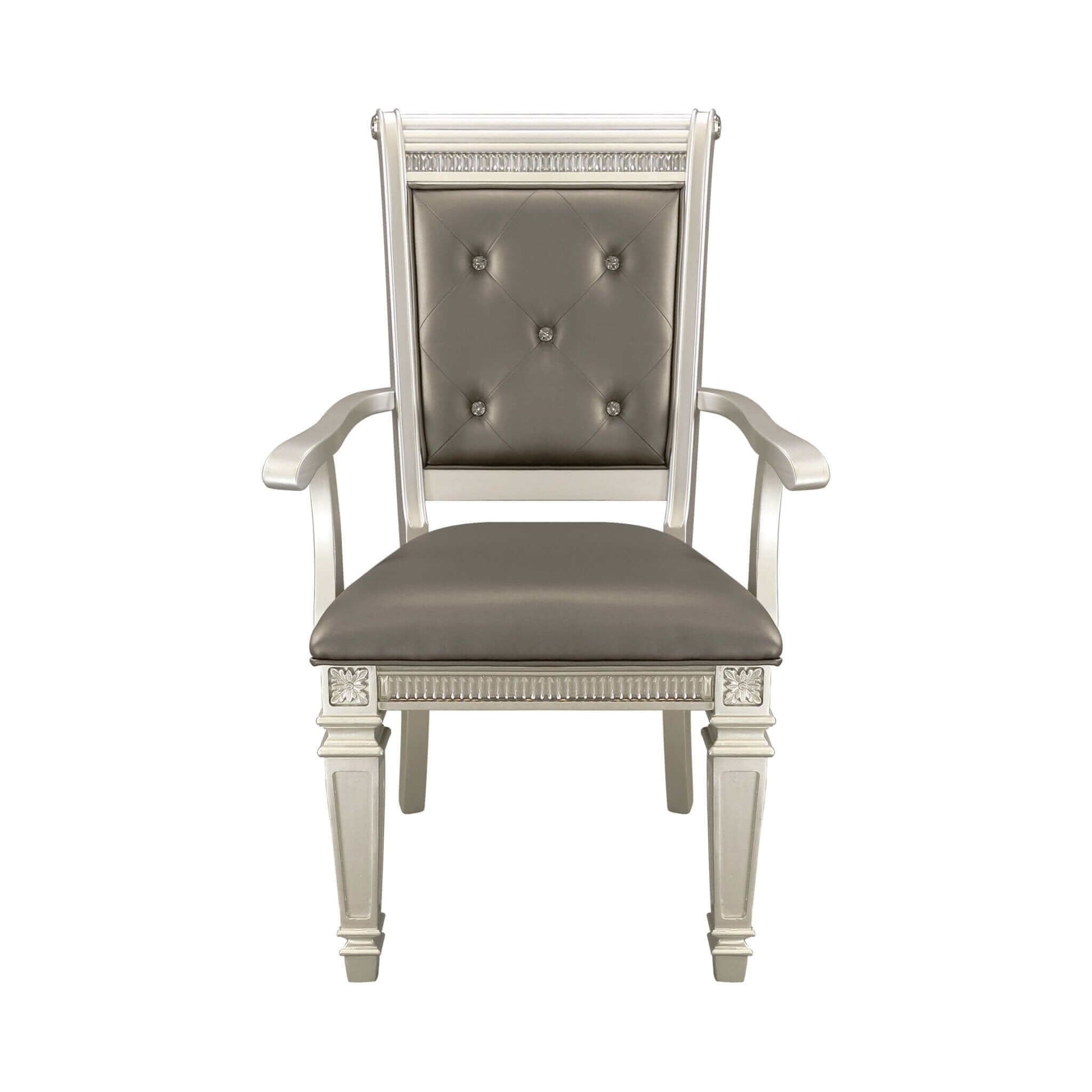 Silver finish dining armchair with crystal-tufted backrest and upholstered seat