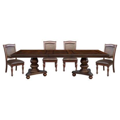 Elegant 5-piece traditional dining set in brown cherry finish, featuring a spacious table and four comfortable chairs.