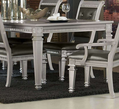 Silver Finish 7pc Dining Set with Crystal-Tufted Chairs and Table with Removable Leaf in Modern Glam Dining Room.