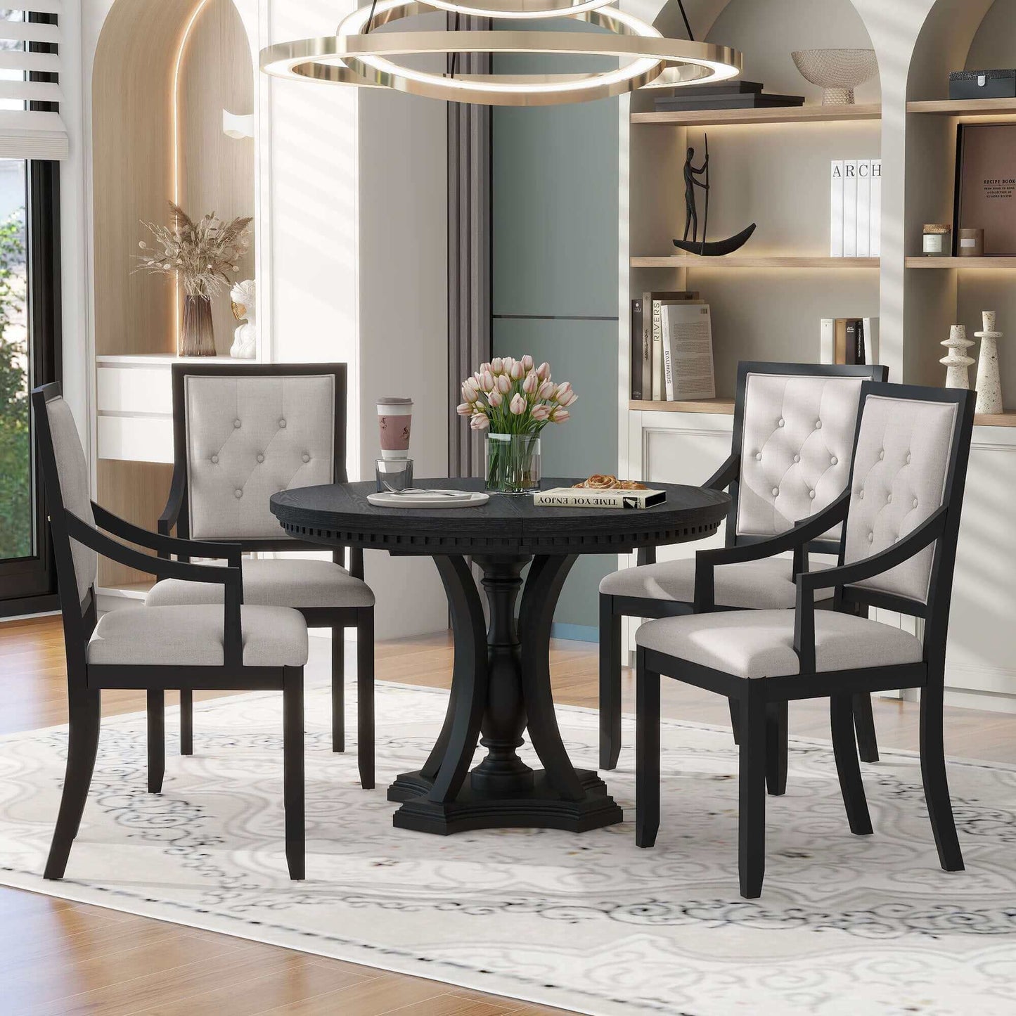 TREXM Retro 5-piece Dining Set; Extendable Round Table & 4 Chairs