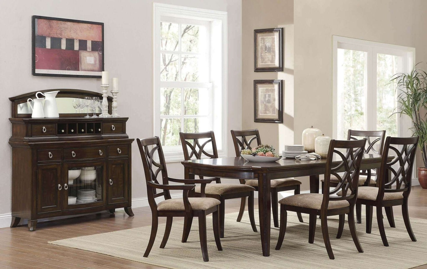 Cherry Finish Formal 7pc Dining Set with Extension Table in an elegant dining room setting