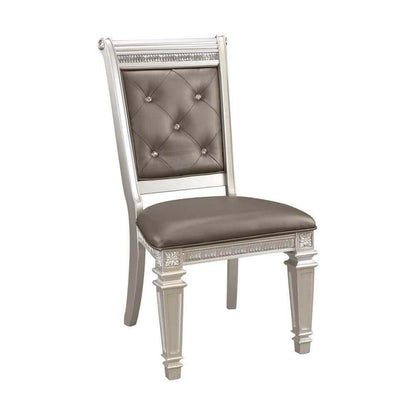 Silver finish dining chair with crystal-tufted back and cushioned seat, part of the 7pc dining set with elegant design.