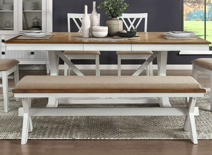 Modern style white & oak finish 6pc dining set with extension table, x-back chairs, and bench creating a welcoming dining room atmosphere.