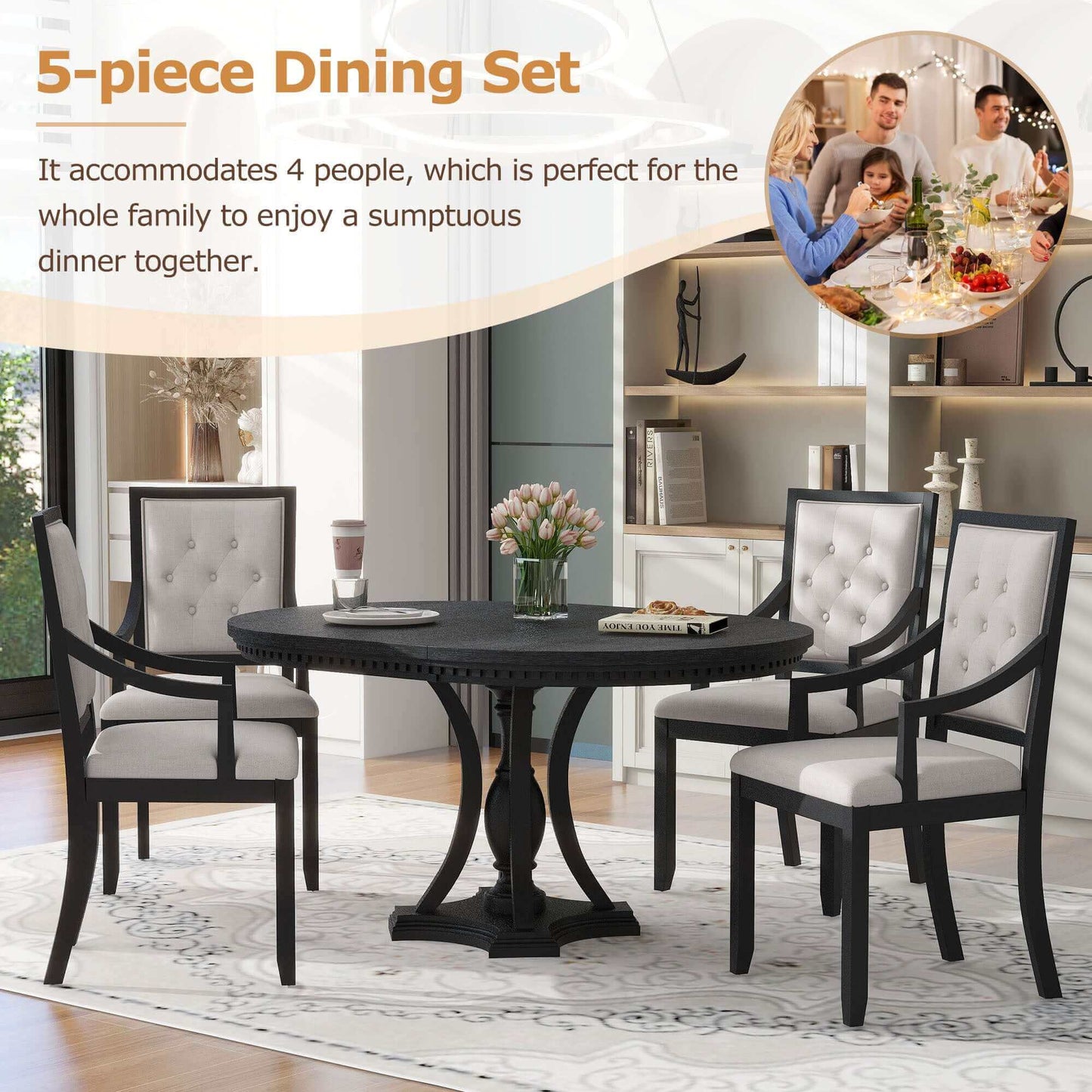 TREXM Retro 5-piece Dining Set; Extendable Round Table & 4 Chairs