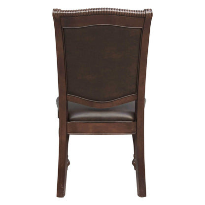 Traditional style dining chair with elegant brown cherry finish, showcasing back details and wood craftsmanship.