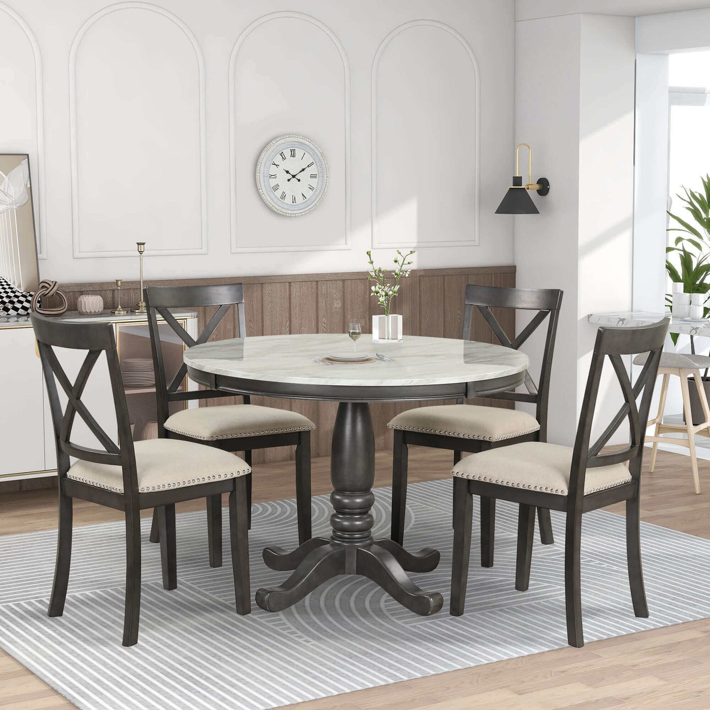 Orisfur 5-piece dining table and chairs set in a cozy dining room with solid wood construction and gray finish, perfect for family meals.