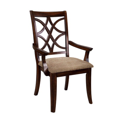 Cherry finish wood dining chair with intricate backrest design and cushioned seat.