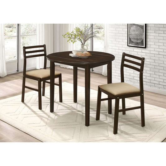 Cappuccino and tan 3-piece dining set with drop leaf table and upholstered chairs in a cozy dining room.