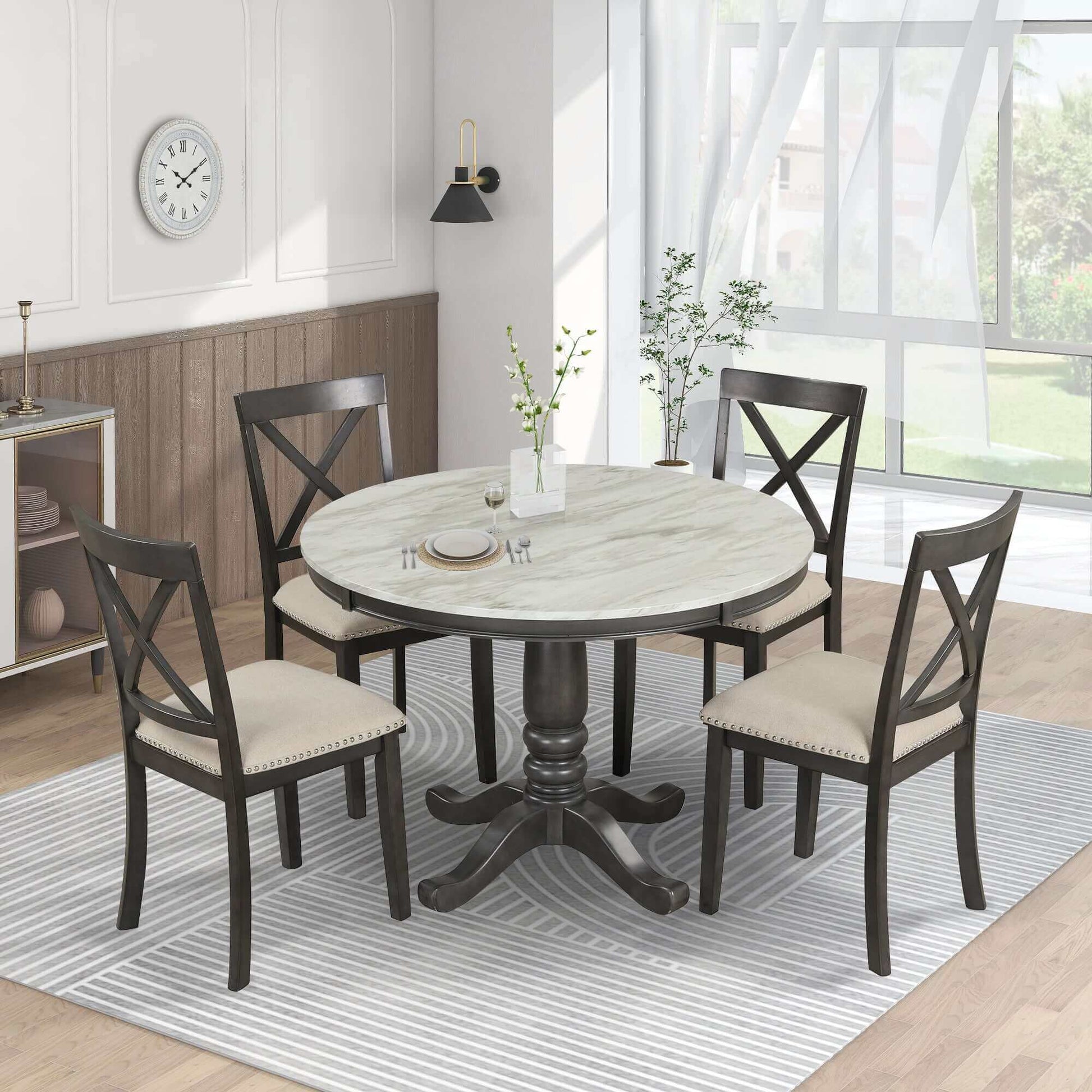 Orisfur 5-piece solid wood dining set in gray with round table and four chairs, creating a cozy dining experience for up to four people