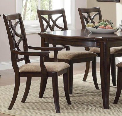Cherry finish dining table with extension and elegant chairs in formal dining room set.