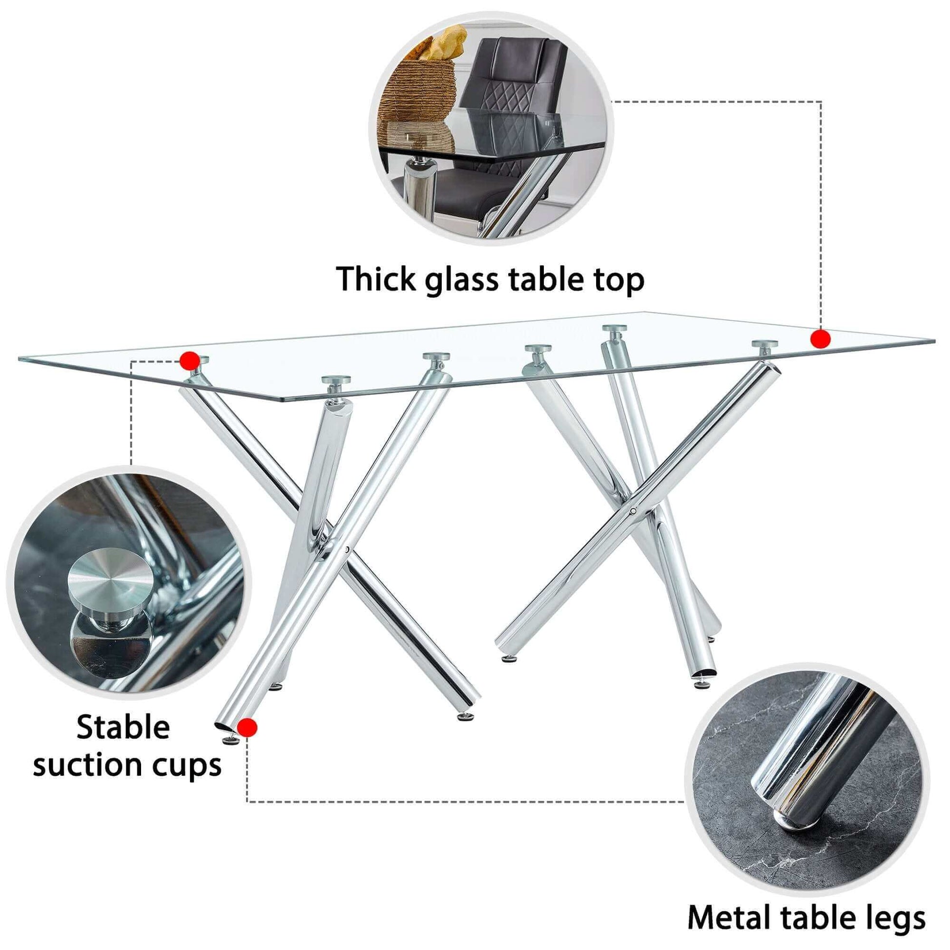 Large modern rectangular tempered glass tabletop with metal legs, stable suction cups, and thick glass top for a sleek dining experience.