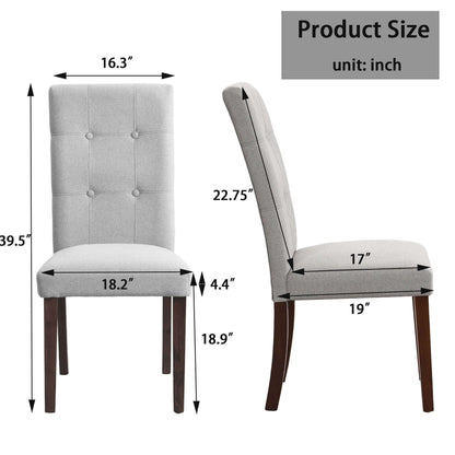 Gray tufted upholstered dining chair dimensions and measurements in inches, showing front and side views.