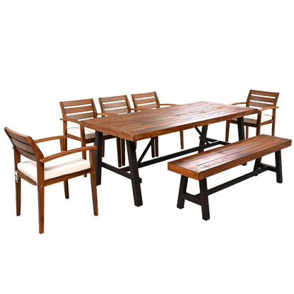 Outdoor wood dining set for 8 with ergonomic chairs, bench, and thicker table, removable cushions, perfect for garden and patio.