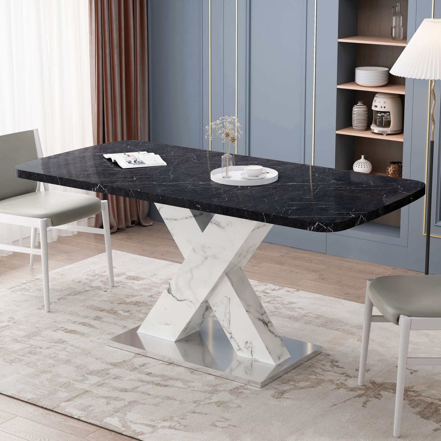 Modern square dining table with black marble top and cross-shaped white base in elegant dining room.