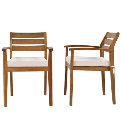 Two ergonomic acacia wood dining chairs with removable cushions for outdoor seating.