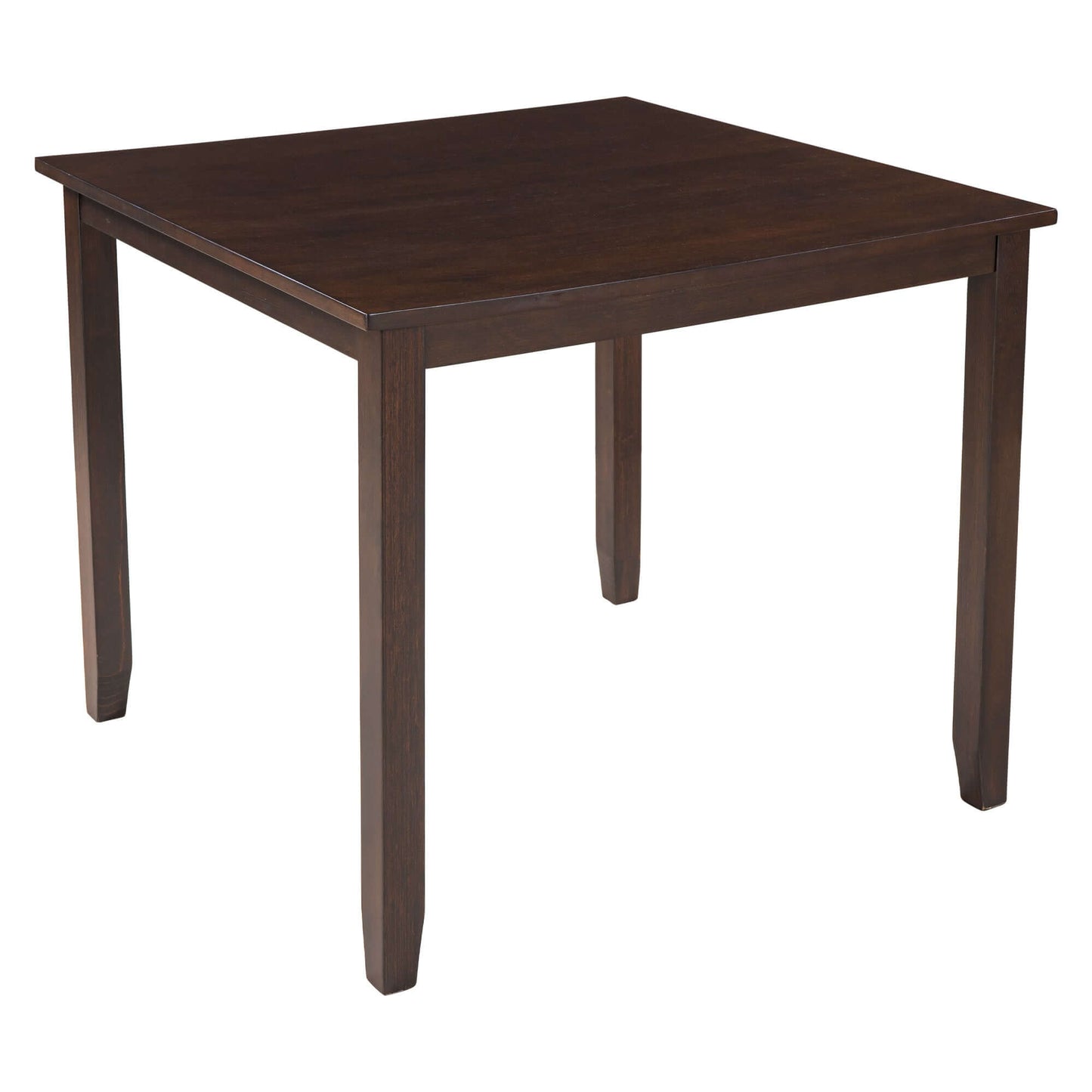 Wooden dining table in espresso finish with an industrial design, part of a 5 piece dining table set for kitchen and dining room.