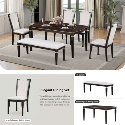 6-Piece Kitchen Dining Table Set with Rectangular Table, 4 High-Back Tufted Chairs, and 1 Bench in Espresso Finish, Modern Dining Room Furniture