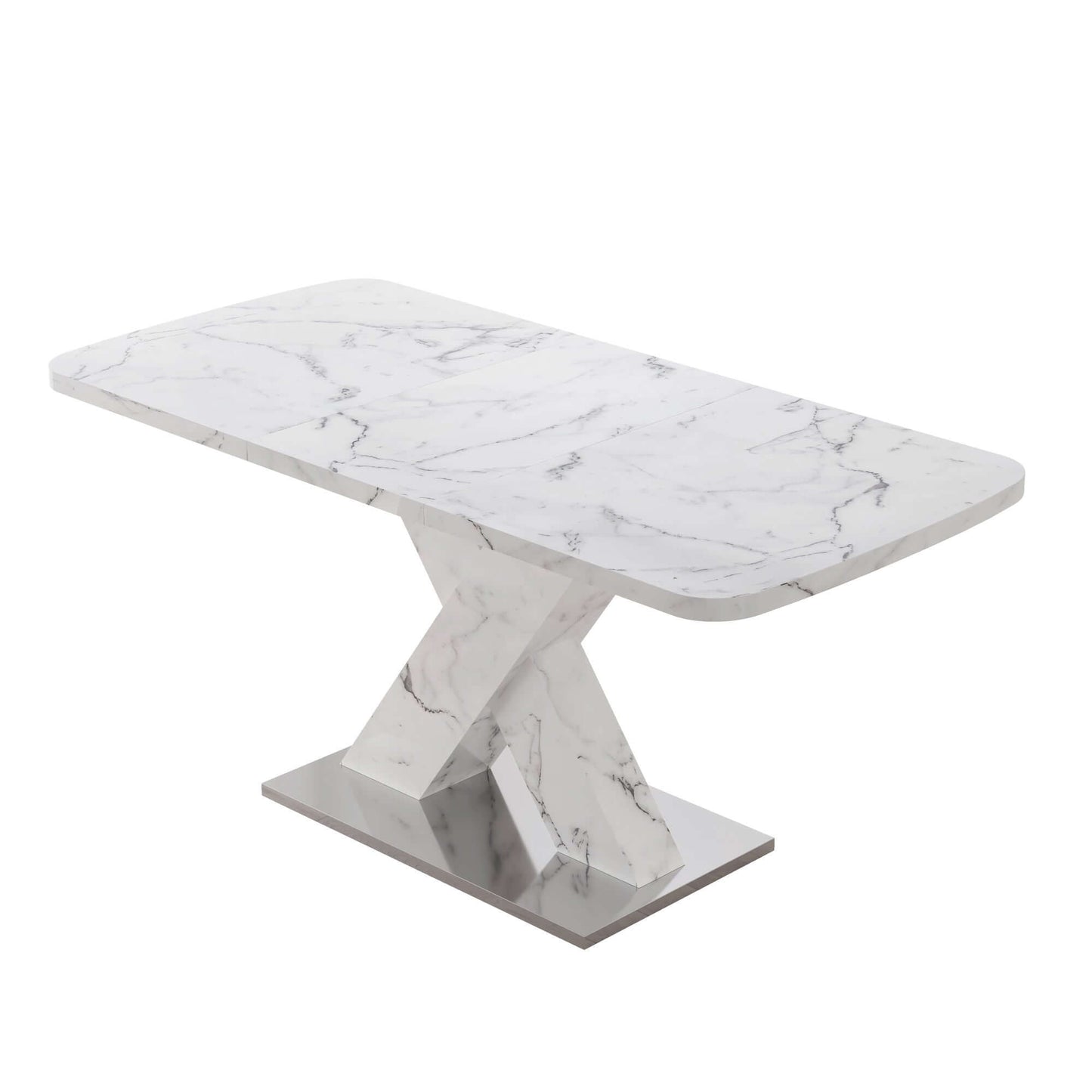 Modern stretchable dining table with white marble top and sturdy metal base, perfect for stylish dining rooms and hosting dinner parties.