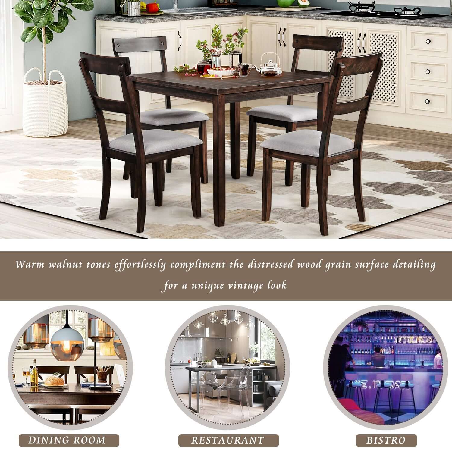 5 Piece Dining Table Set Industrial Wooden Kitchen Table and 4 Chairs for Dining Room in a modern kitchen with decor options