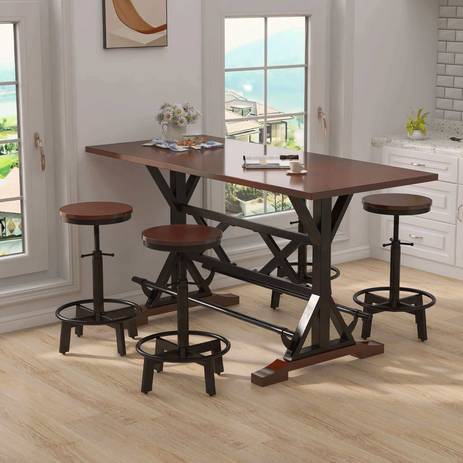 5-piece dining table set with 59-inch rectangular wooden table and four adjustable metal chairs in an elegant dining room