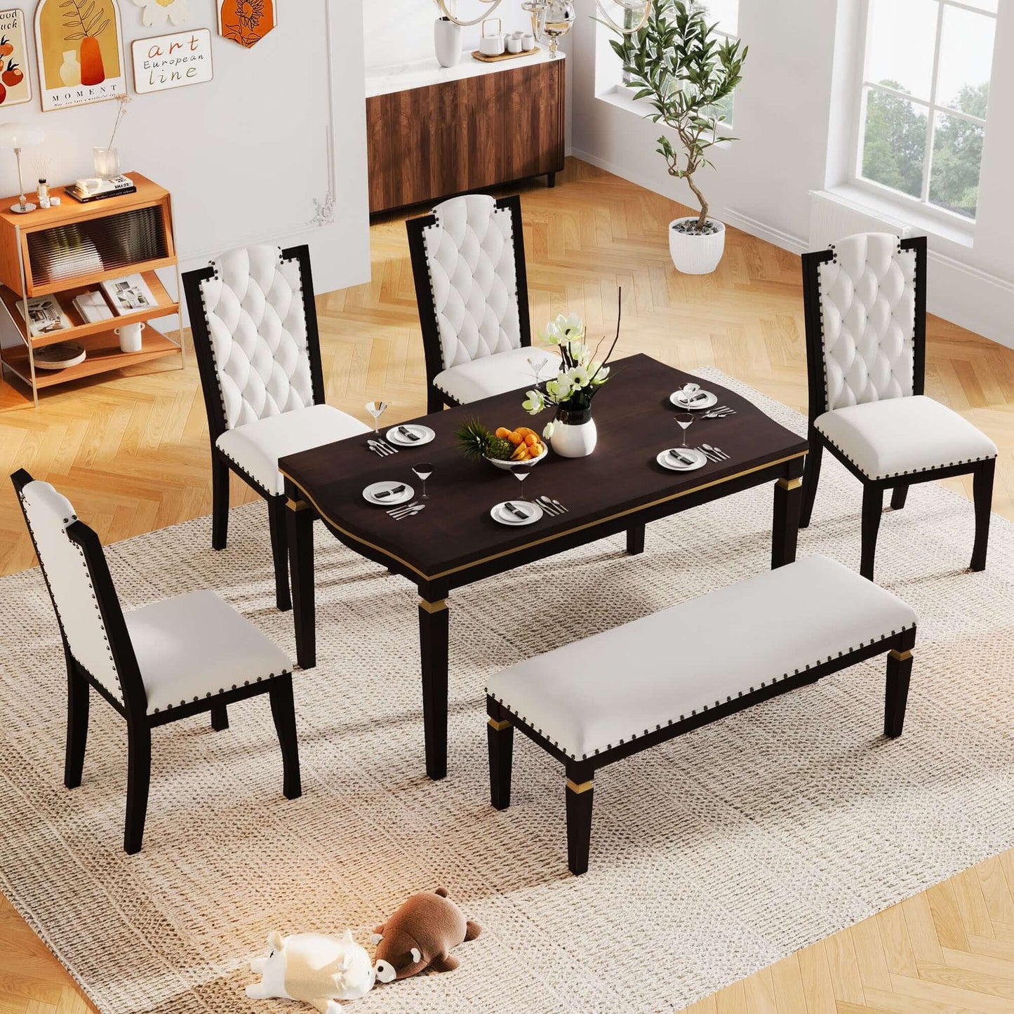 6-Piece Kitchen Dining Table Set with 62.7" Rectangular Table, 4 High-Back Tufted Chairs, and 1 Bench in Espresso Finish in Stylish Dining Room