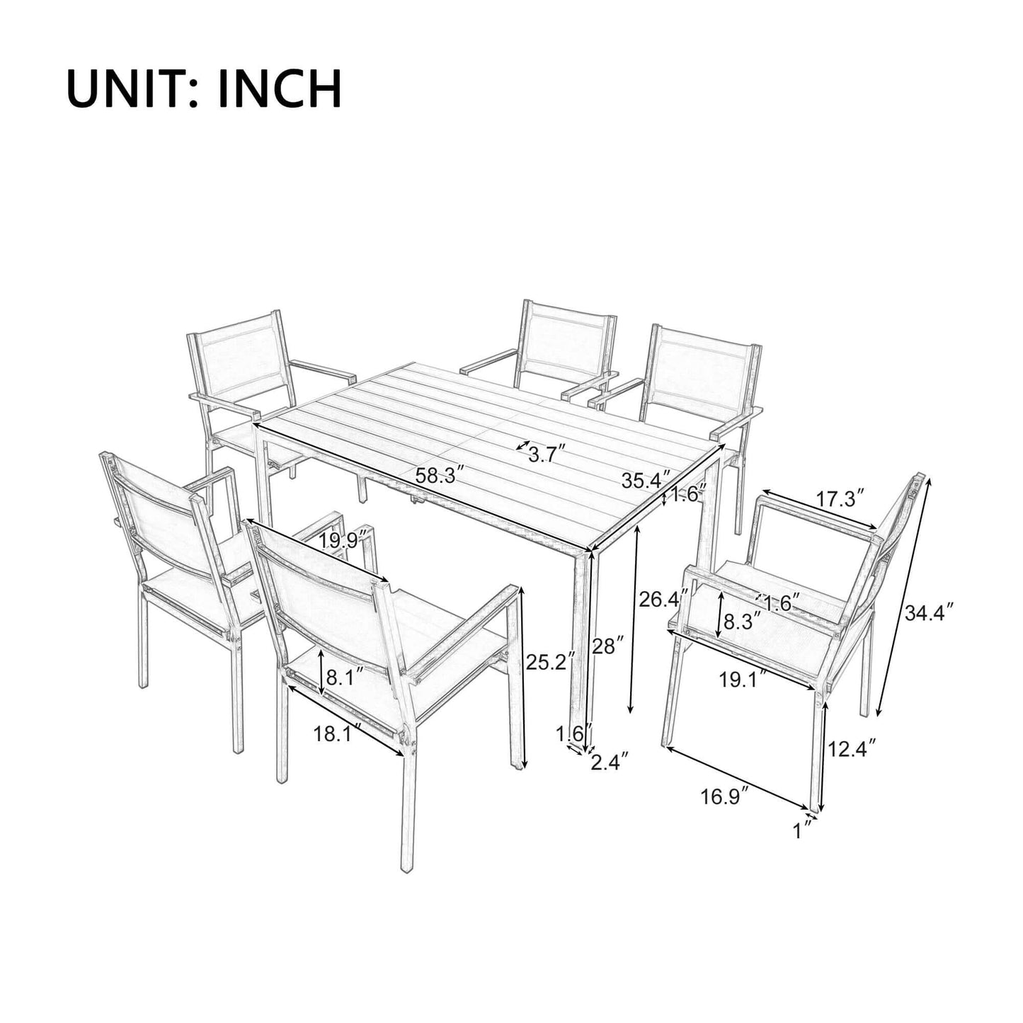 U-Style High-quality Steel Outdoor Table and Chair Set, black, seating for 6, suitable for patio, balcony, backyard, dimensions in inches