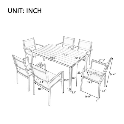 U-Style High-quality Steel Outdoor Table and Chair Set, black, seating for 6, suitable for patio, balcony, backyard, dimensions in inches